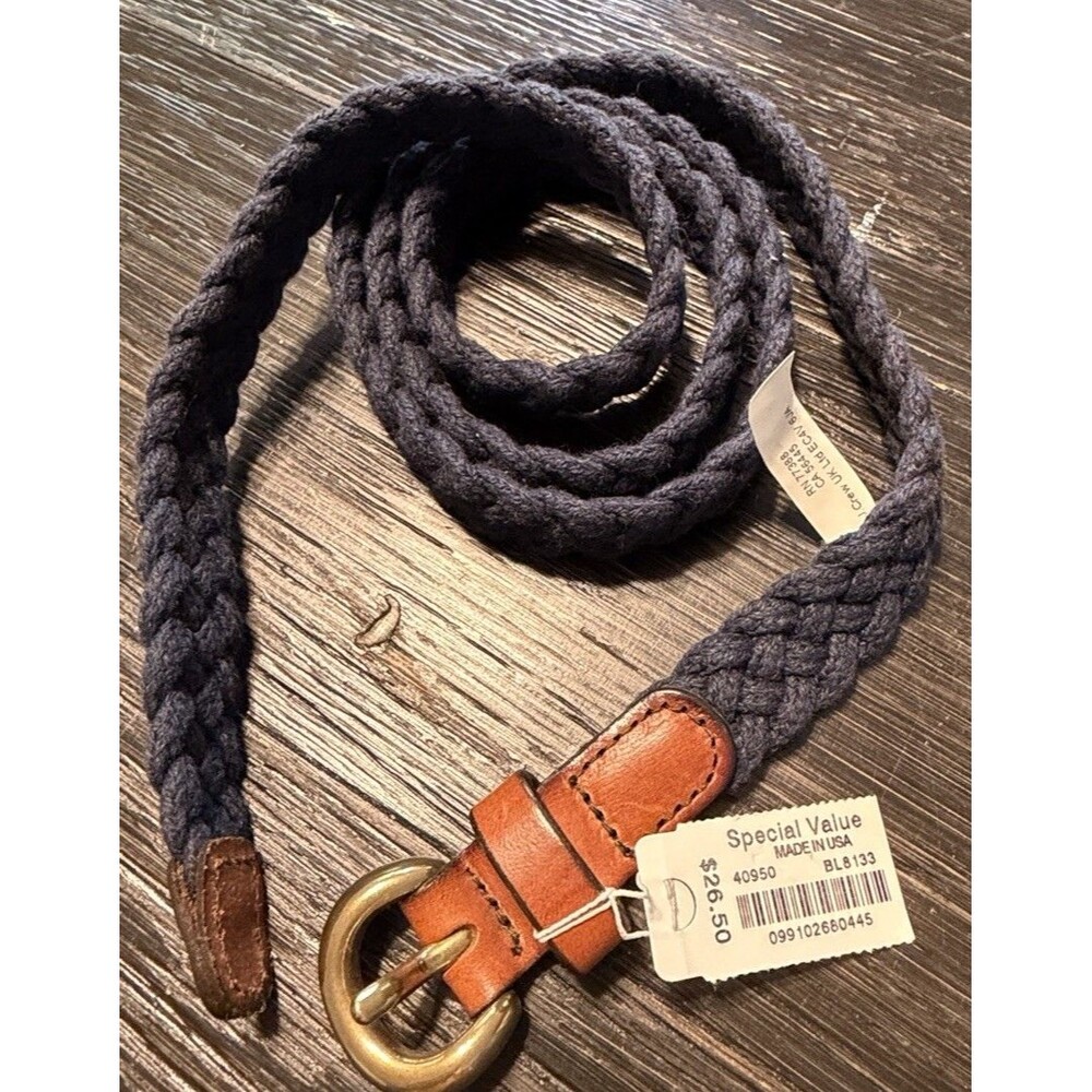 J Crew Braided Cotton Skinny Belt Womens M/L Navy Blue Leather Buckle Preppy